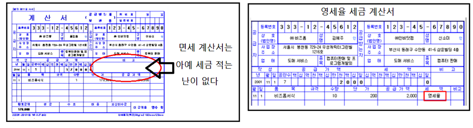 면세 세금 계산서와 영세율 세금 계산서