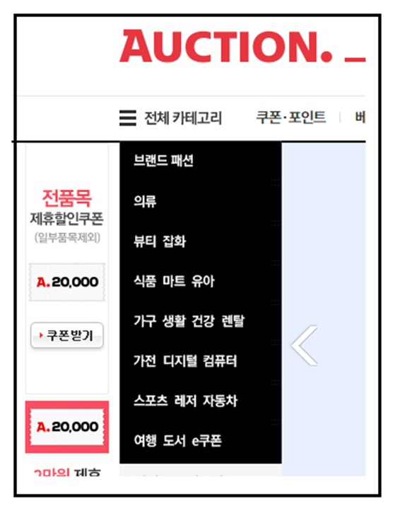 옥션의 상품 구분 대항목